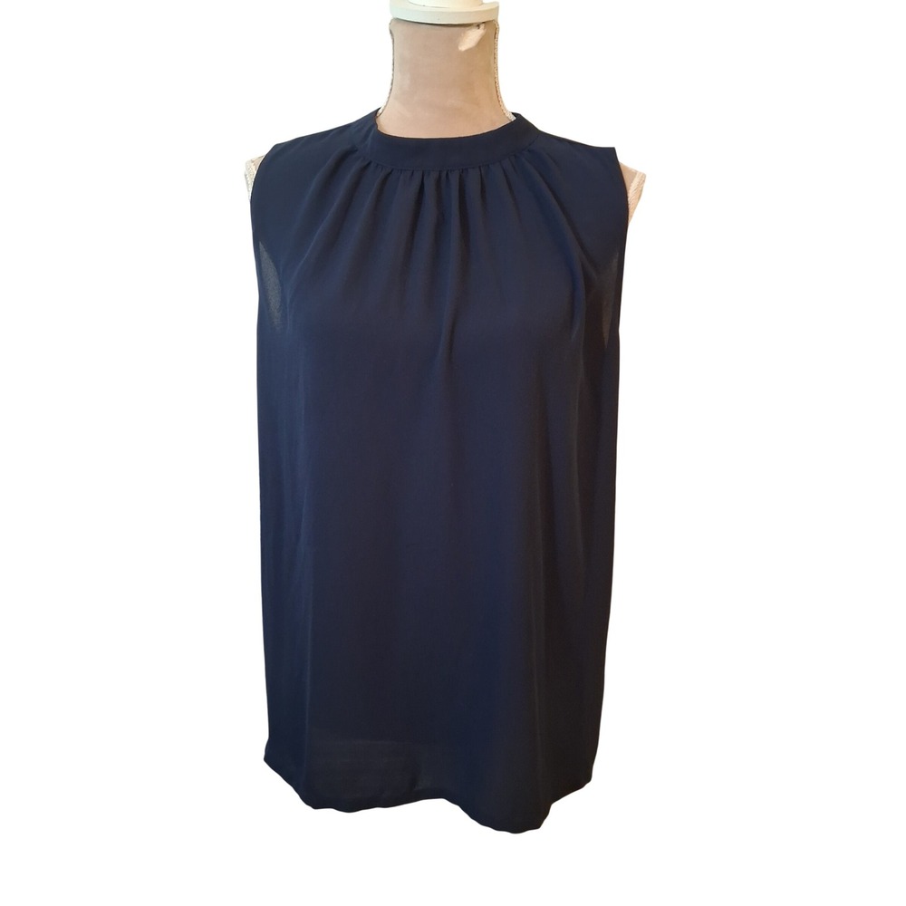 Loft Outlet Navy Blue Sleeveless Mock Neck Tie Back Blouse Size Large